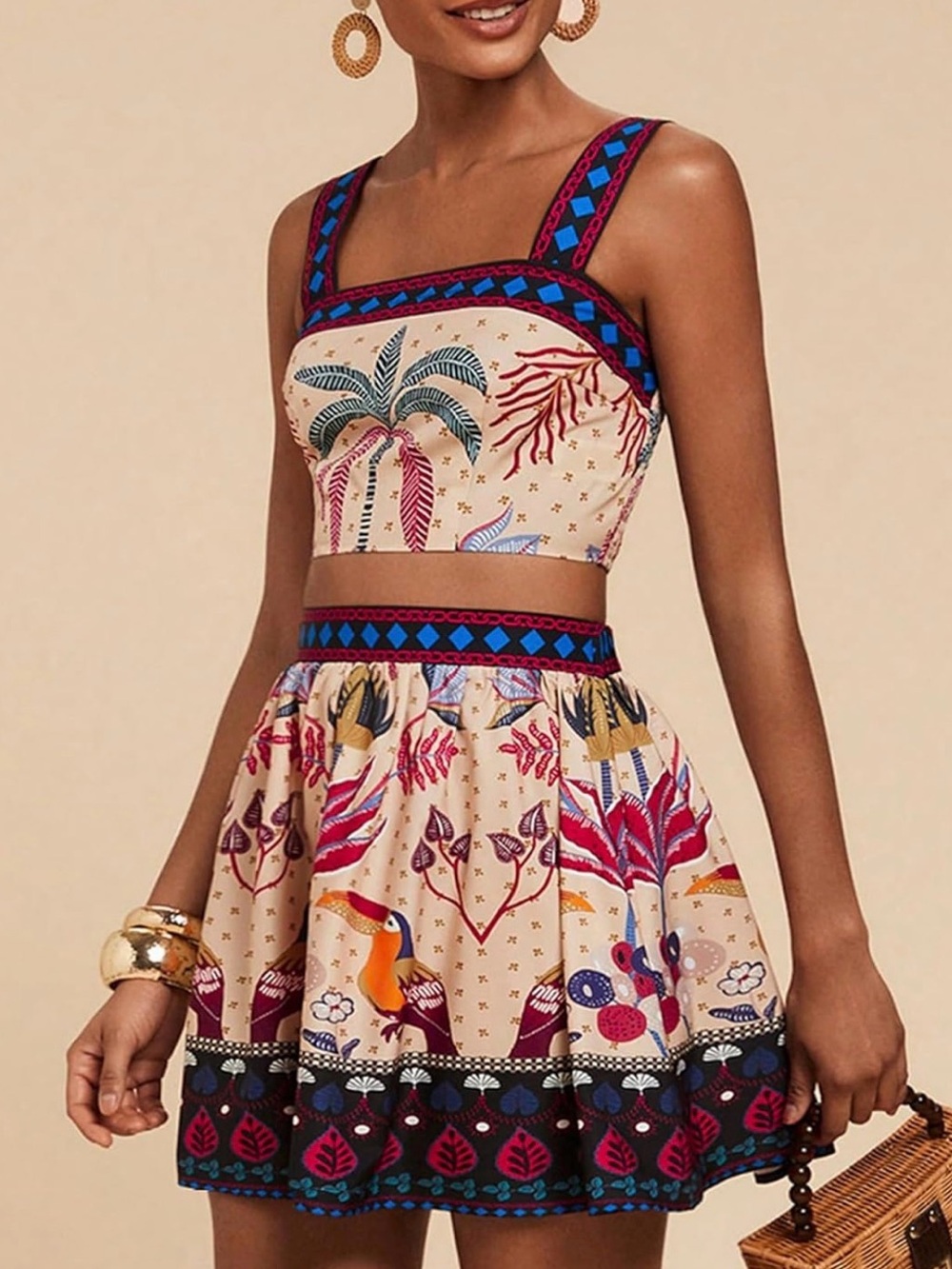 Boho Palm Print Crop Dress SET in Beige COLORFUL PRINT NEW - Picture 4 of 5